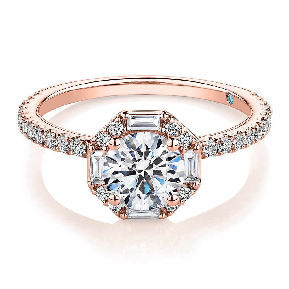 Premium Certified Laboratory Created Diamond, 1.40 carat TW round brilliant halo engagement ring in 18 carat rose gold