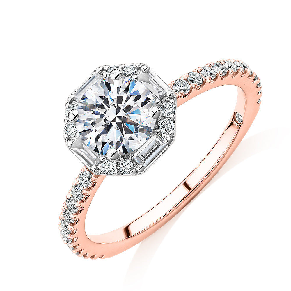 Signature Simulant Diamond 1.40 carat* TW round brilliant halo engagement ring in 14 carat rose and white gold