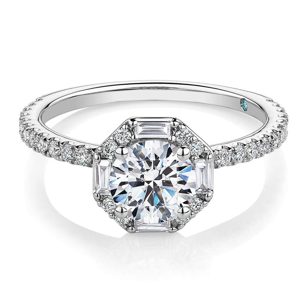 Premium Certified Lab-Grown Diamond, carat TW round brilliant and  baguette halo engagement ring in platinum