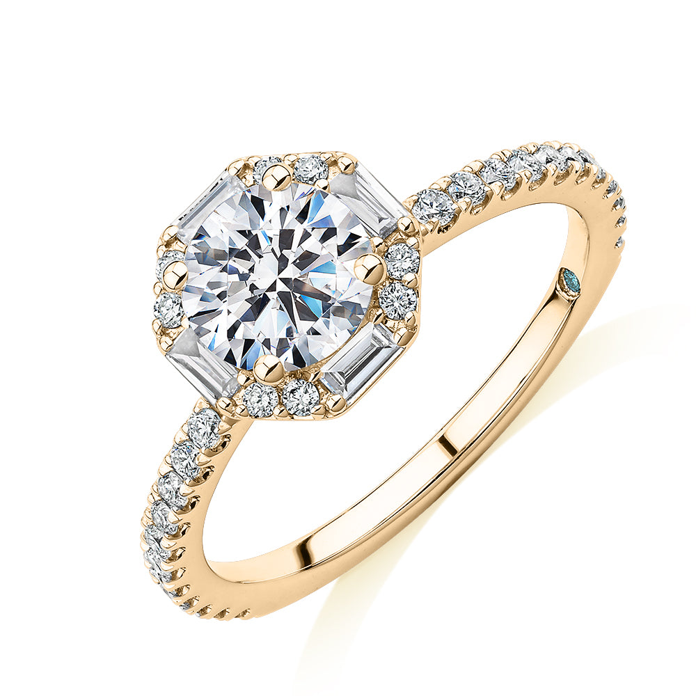 Premium Certified Laboratory Created Diamond, 1.40 carat TW round brilliant halo engagement ring in 14 carat yellow gold