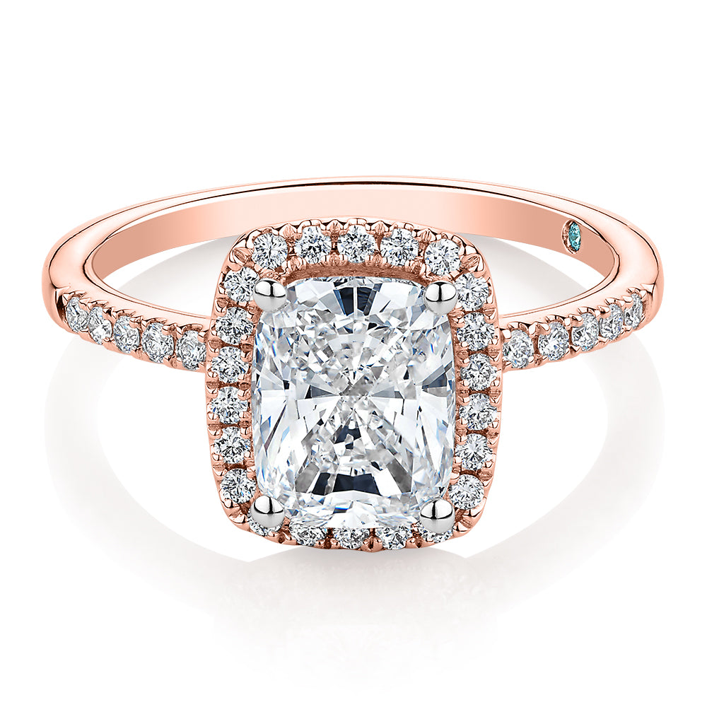 Premium Certified Lab-Grown Diamond 2.23 carat TW radiant and round brilliant halo shouldered engagement ring in 14 carat rose gold
