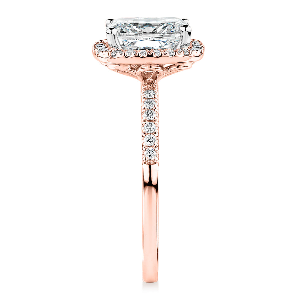 Premium Certified Lab-Grown Diamond 2.23 carat TW radiant and round brilliant halo shouldered engagement ring in 14 carat rose gold