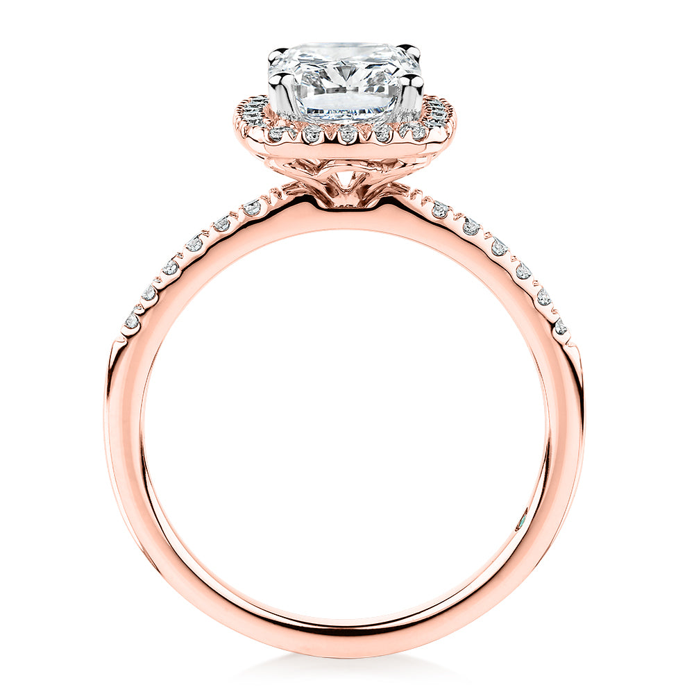 Premium Certified Lab-Grown Diamond 2.23 carat TW radiant and round brilliant halo shouldered engagement ring in 14 carat rose gold