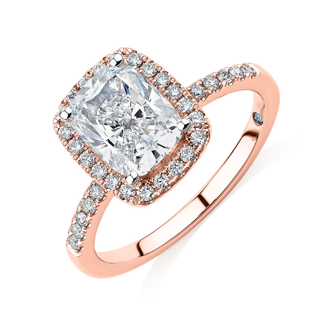 Premium Certified Lab-Grown Diamond 2.23 carat TW radiant and round brilliant halo shouldered engagement ring in 14 carat rose gold