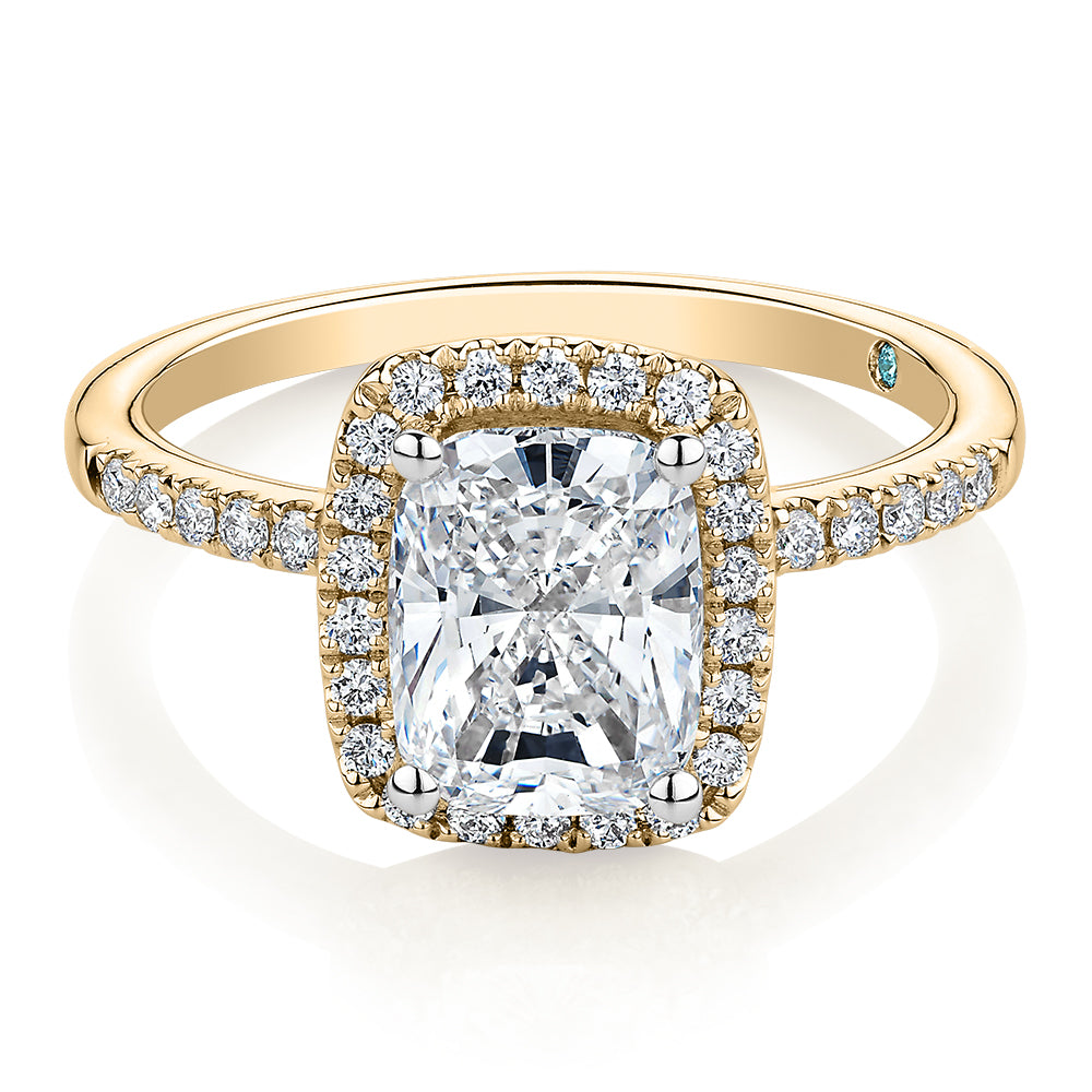 Premium Certified Lab-Grown Diamond 2.23 carat TW radiant and round brilliant halo shouldered engagement ring in 14 carat yellow gold