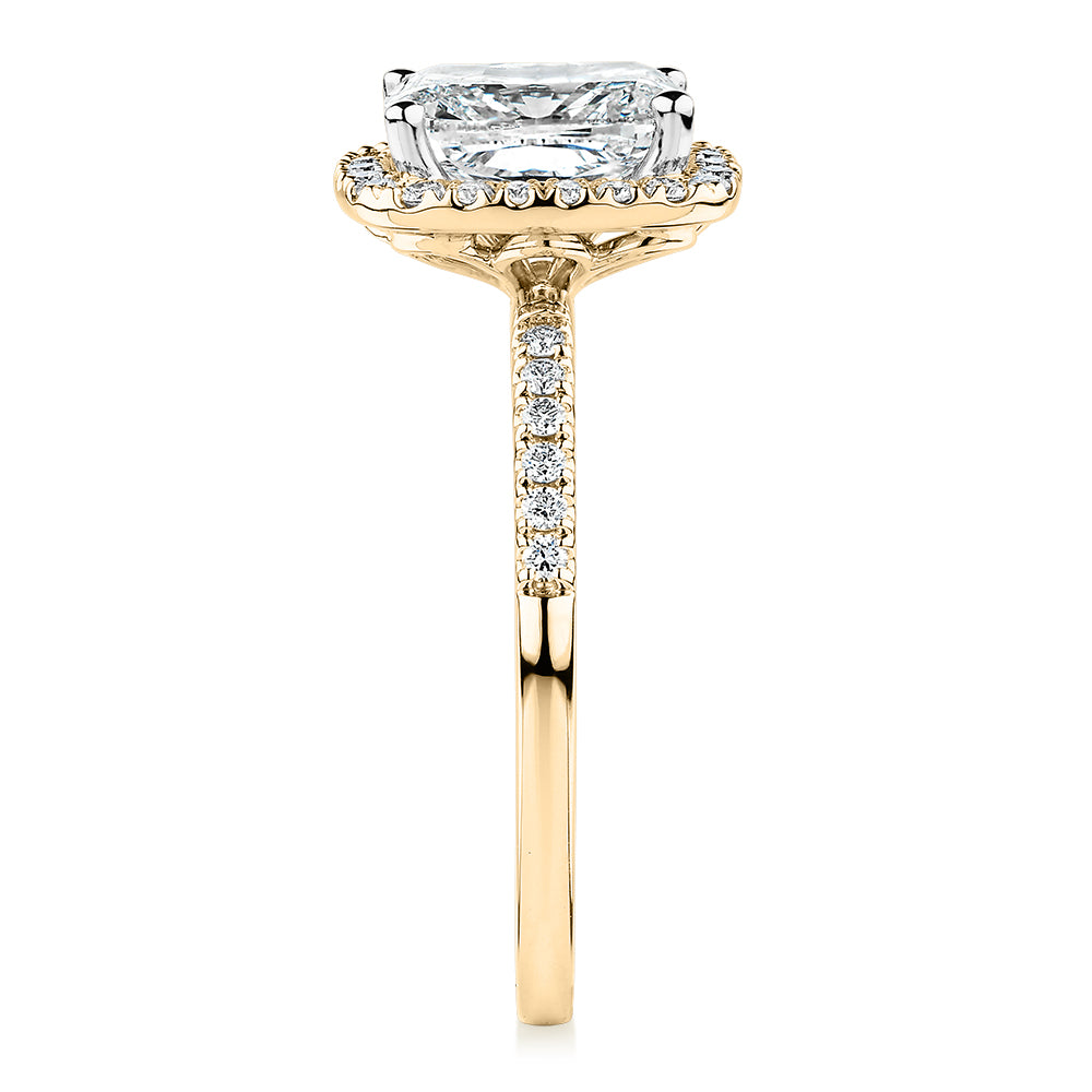 Premium Certified Lab-Grown Diamond 2.23 carat TW radiant and round brilliant halo shouldered engagement ring in 14 carat yellow gold