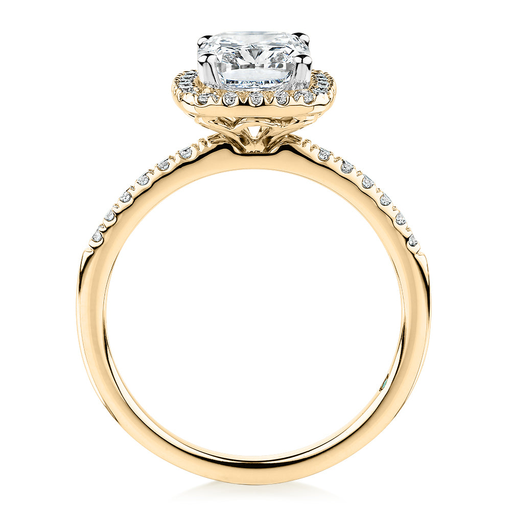 Premium Certified Lab-Grown Diamond 2.23 carat TW radiant and round brilliant halo shouldered engagement ring in 14 carat yellow gold