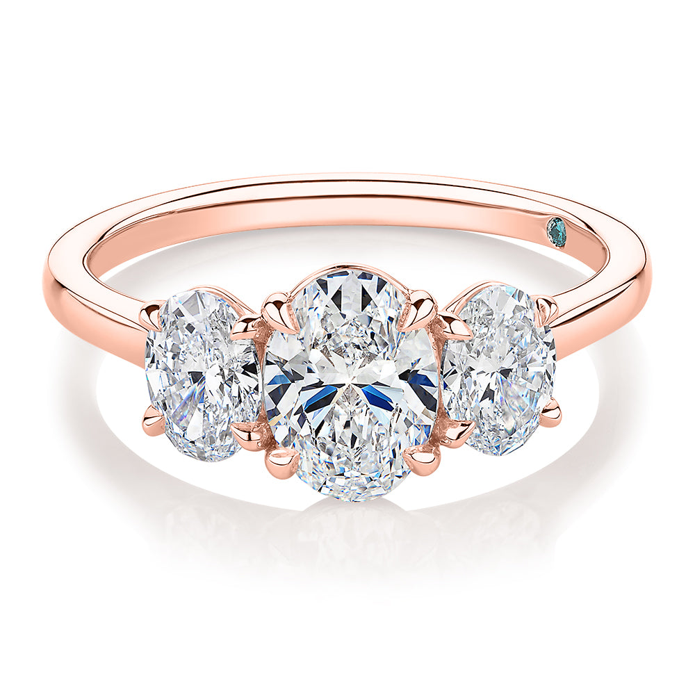 Premium Certified Laboratory Created Diamond, 1.87 carat TW oval three stone ring in 14 carat rose gold