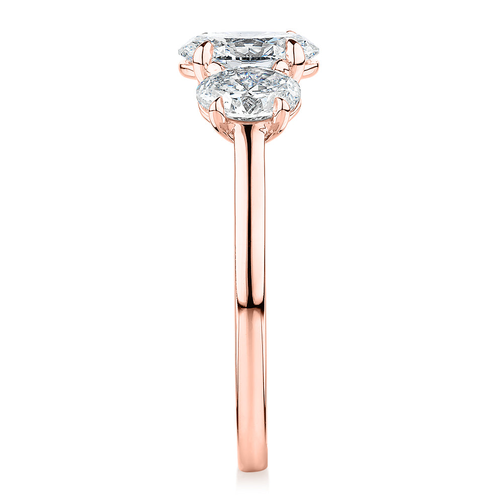 Premium Certified Laboratory Created Diamond, 1.87 carat TW oval three stone ring in 18 carat rose gold
