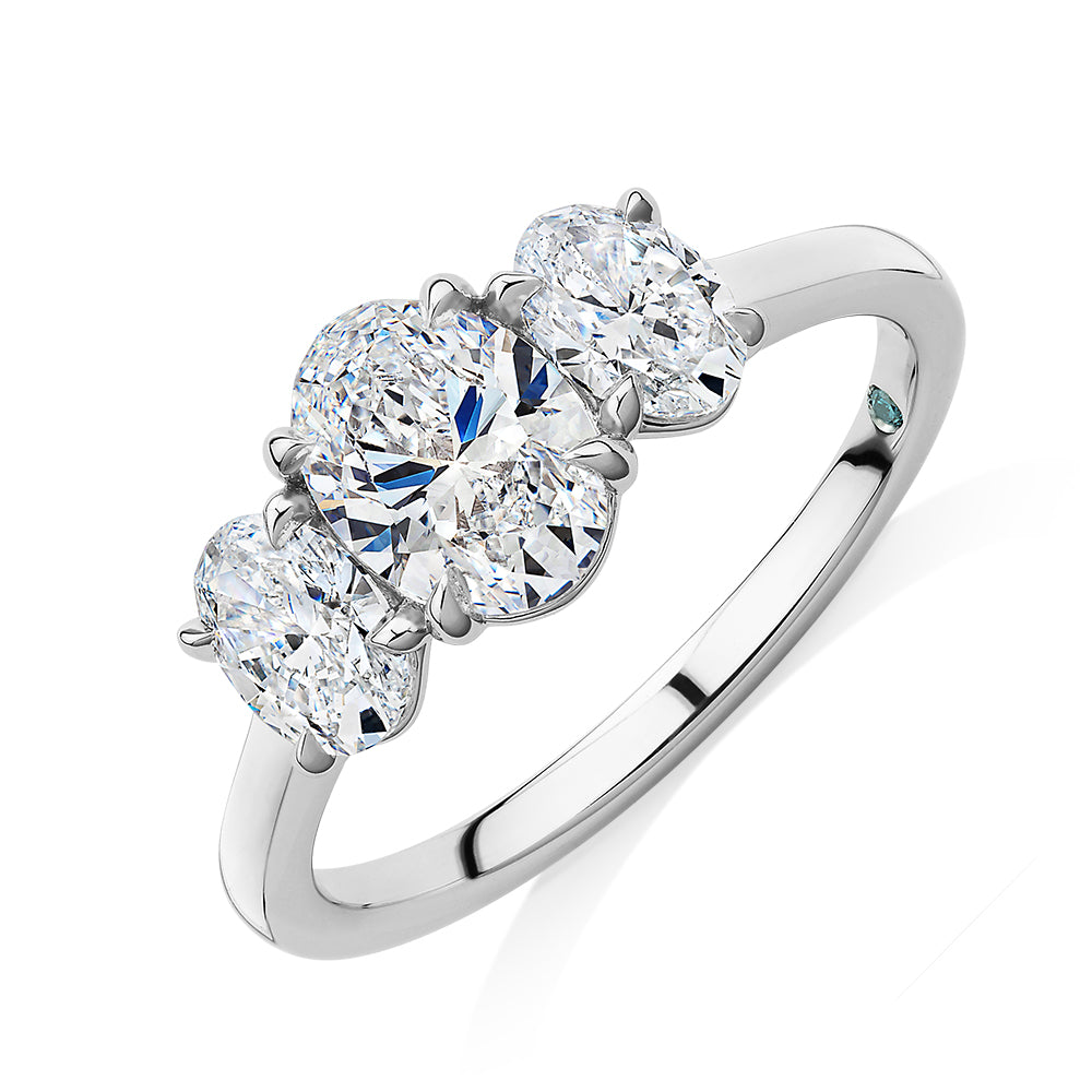 Premium Certified Laboratory Created Diamond, 1.87 carat TW oval three stone ring in 14 carat white gold