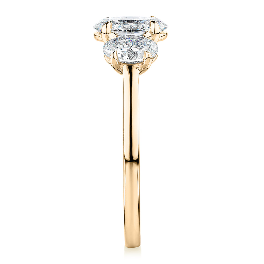 Premium Certified Laboratory Created Diamond, 1.87 carat TW oval three stone ring in 18 carat yellow gold