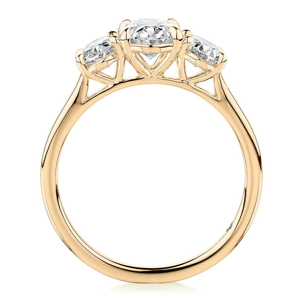 Premium Certified Laboratory Created Diamond, 1.87 carat TW oval three stone ring in 14 carat yellow gold