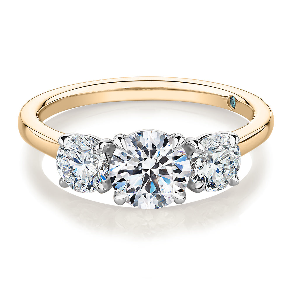 Premium Certified Laboratory Created Diamond, 1.86 carat TW round brilliant three stone ring in 14 carat yellow and white gold