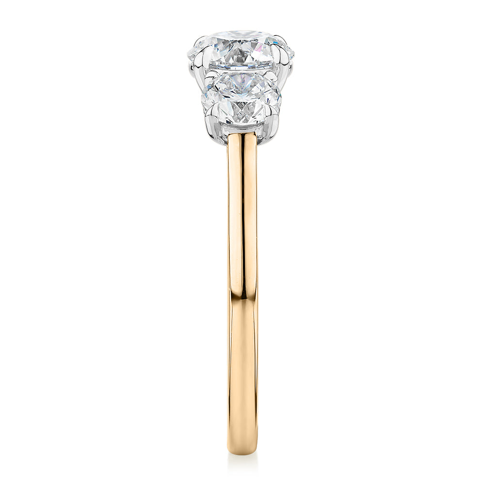 Premium Certified Laboratory Created Diamond, 1.86 carat TW round brilliant three stone ring in 14 carat yellow and white gold