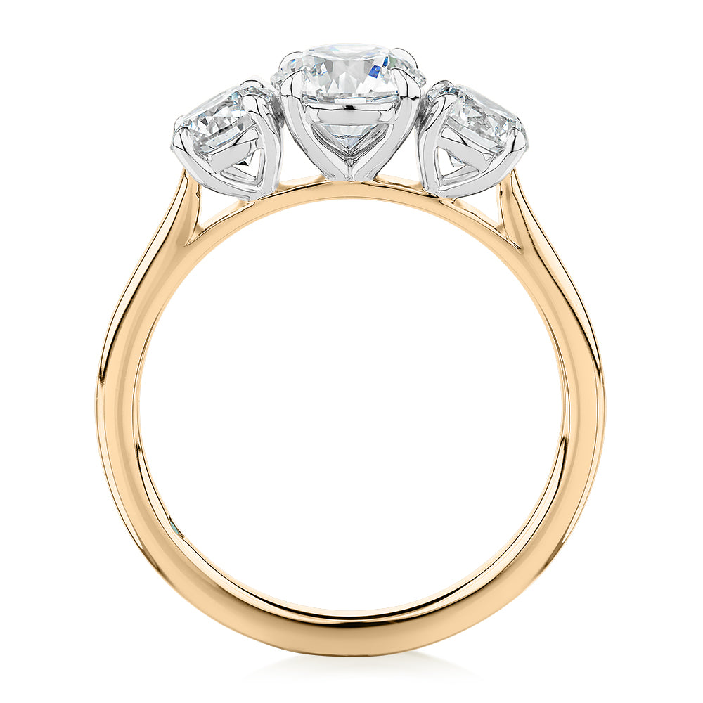 Premium Certified Laboratory Created Diamond, 1.86 carat TW round brilliant three stone ring in 18 carat yellow and white gold