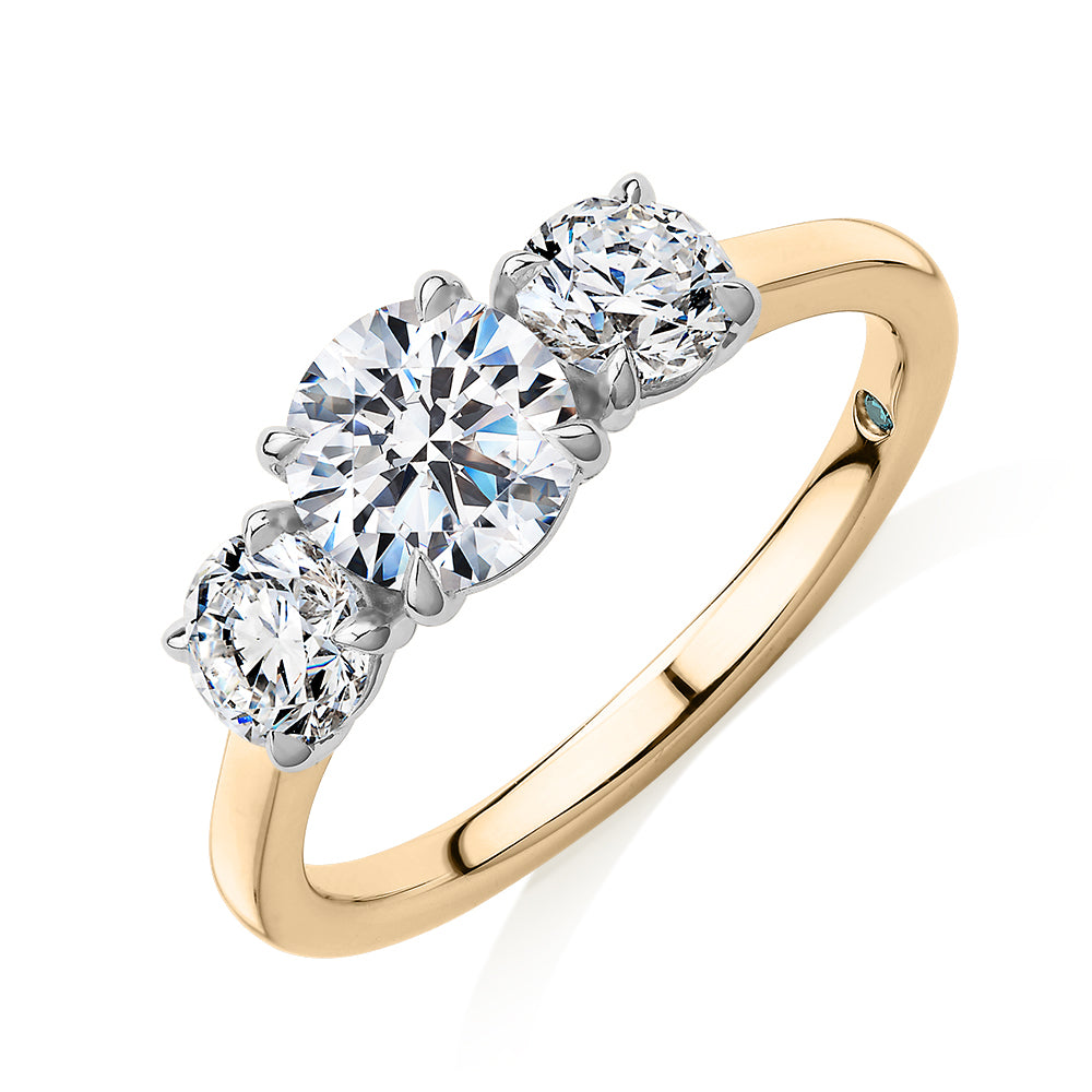 Premium Certified Laboratory Created Diamond, 1.86 carat TW round brilliant three stone ring in 18 carat yellow and white gold