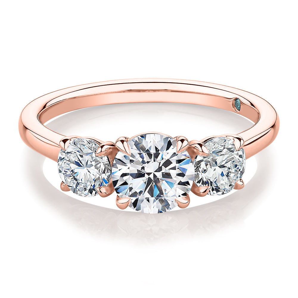 Premium Certified Laboratory Created Diamond, 1.86 carat TW round brilliant three stone ring in 14 carat rose gold