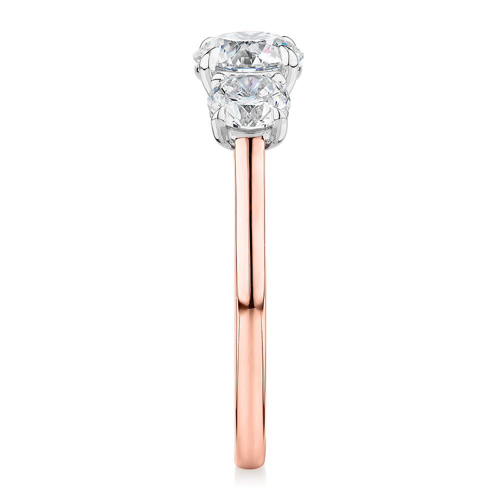 Premium Certified Laboratory Created Diamond, 1.86 carat TW round brilliant three stone ring in 18 carat rose and white gold