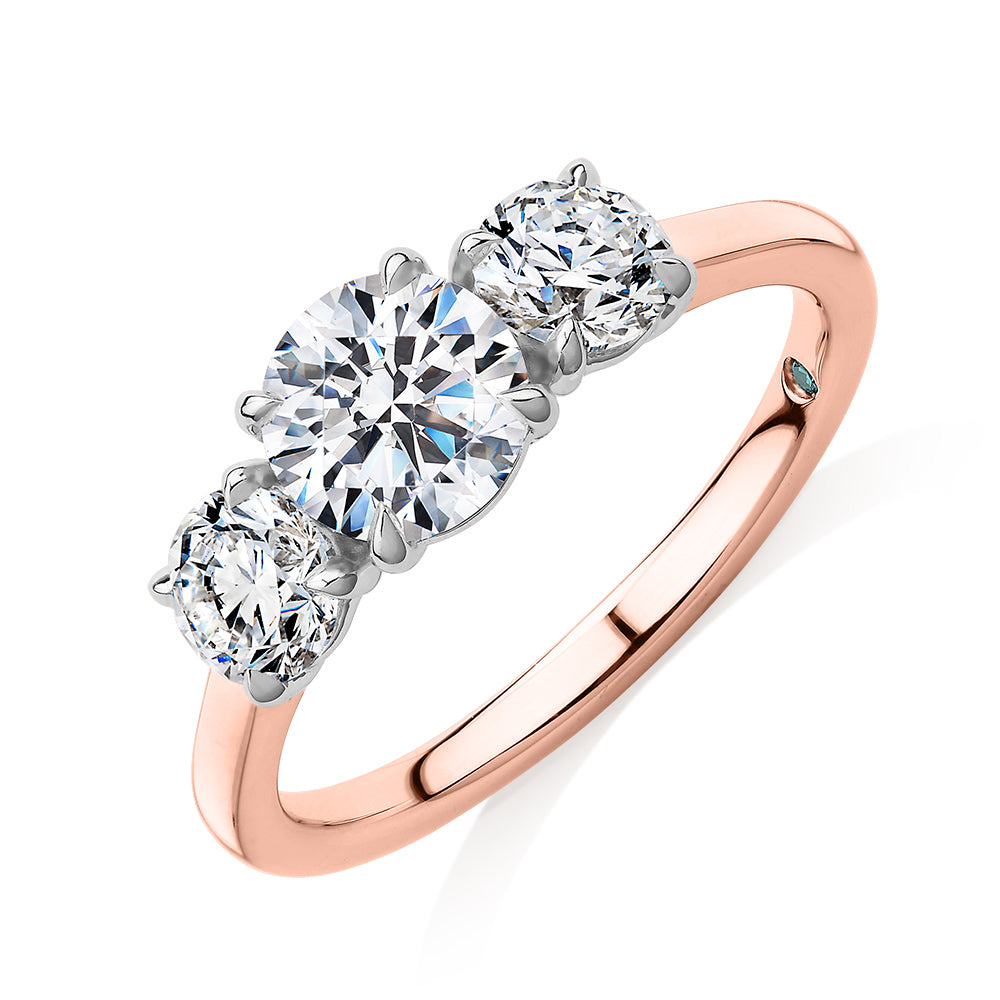 Premium Certified Laboratory Created Diamond, 1.86 carat TW round brilliant three stone ring in 14 carat rose and white gold