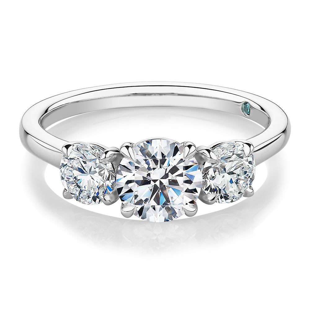 Premium Certified Laboratory Created Diamond, 1.86 carat TW round brilliant three stone ring in 18 carat white gold