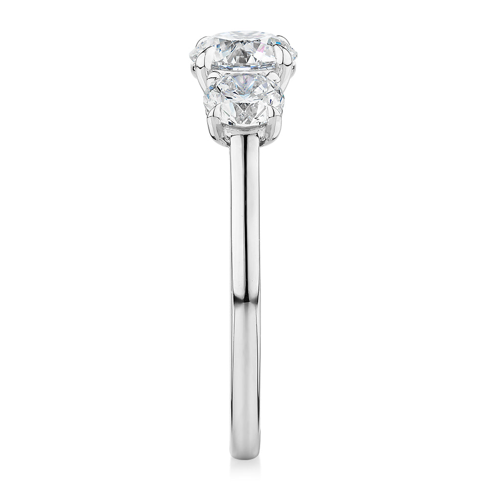 Premium Certified Laboratory Created Diamond, 1.86 carat TW round brilliant three stone ring in 14 carat white gold