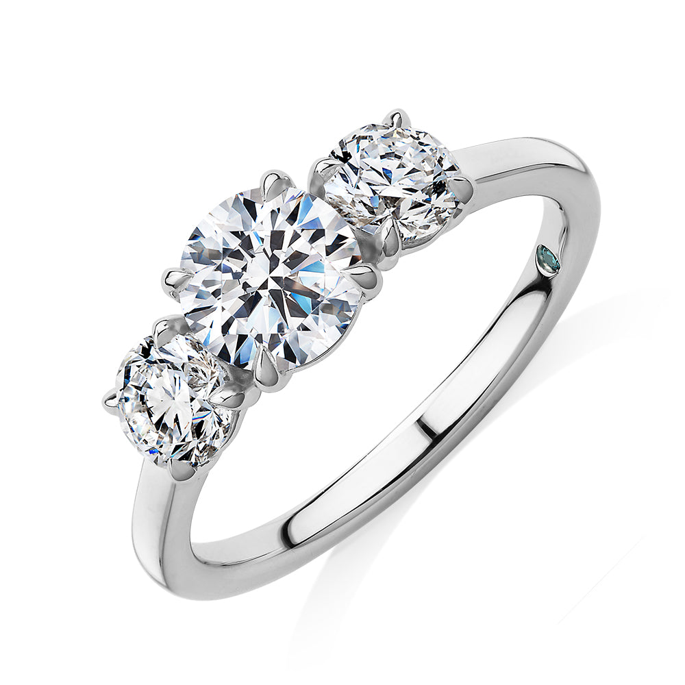 Premium Certified Laboratory Created Diamond, 1.86 carat TW round brilliant three stone ring in 14 carat white gold
