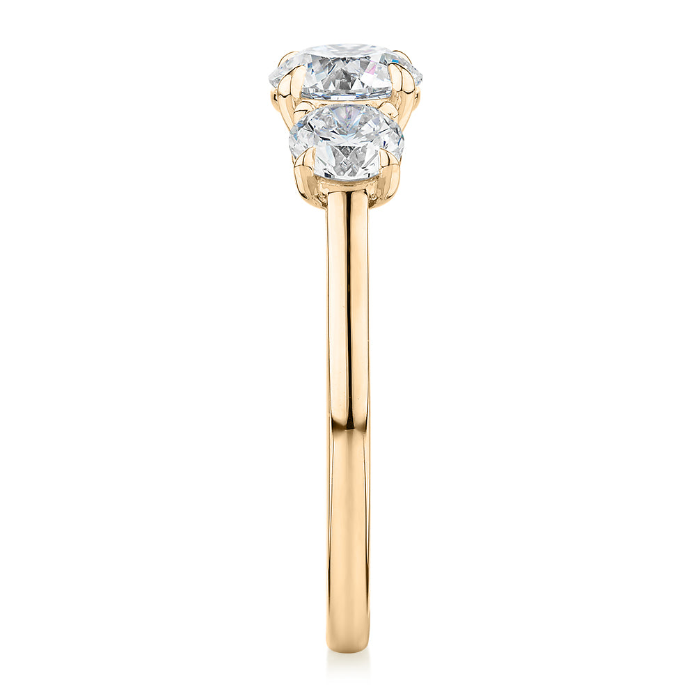 Premium Certified Laboratory Created Diamond, 1.86 carat TW round brilliant three stone ring in 18 carat yellow gold