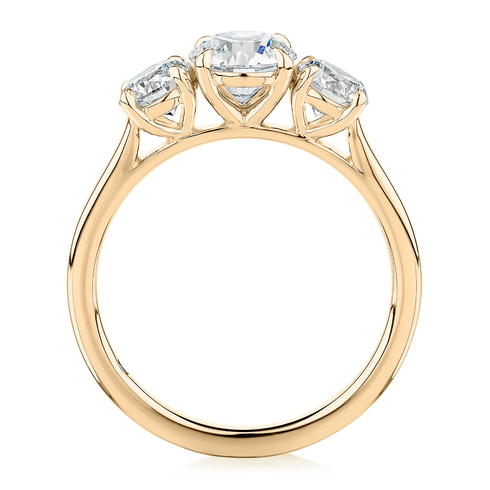 Premium Certified Laboratory Created Diamond, 1.86 carat TW round brilliant three stone ring in 14 carat yellow gold
