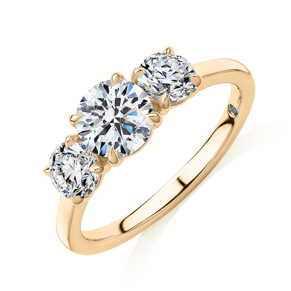 Premium Certified Laboratory Created Diamond, 1.86 carat TW round brilliant three stone ring in 18 carat yellow gold