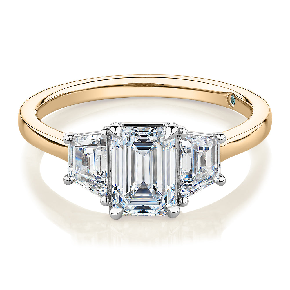 Premium Certified Laboratory Created Diamond, 1.87 carat TW emerald cut three stone ring in 14 carat yellow and white gold