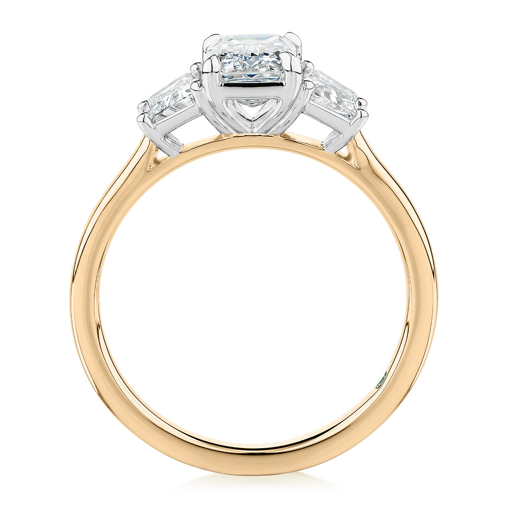 Premium Certified Laboratory Created Diamond, 1.87 carat TW emerald cut three stone ring in 18 carat yellow and white gold