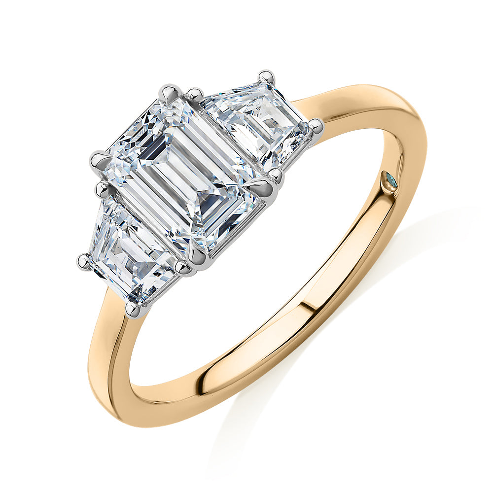 Premium Certified Laboratory Created Diamond, 1.87 carat TW emerald cut three stone ring in 14 carat yellow and white gold