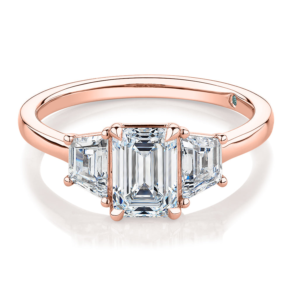 Premium Certified Laboratory Created Diamond, 1.87 carat TW emerald cut three stone ring in 14 carat rose gold