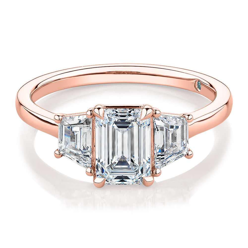 Premium Certified Laboratory Created Diamond, 1.87 carat TW emerald cut three stone ring in 18 carat rose gold
