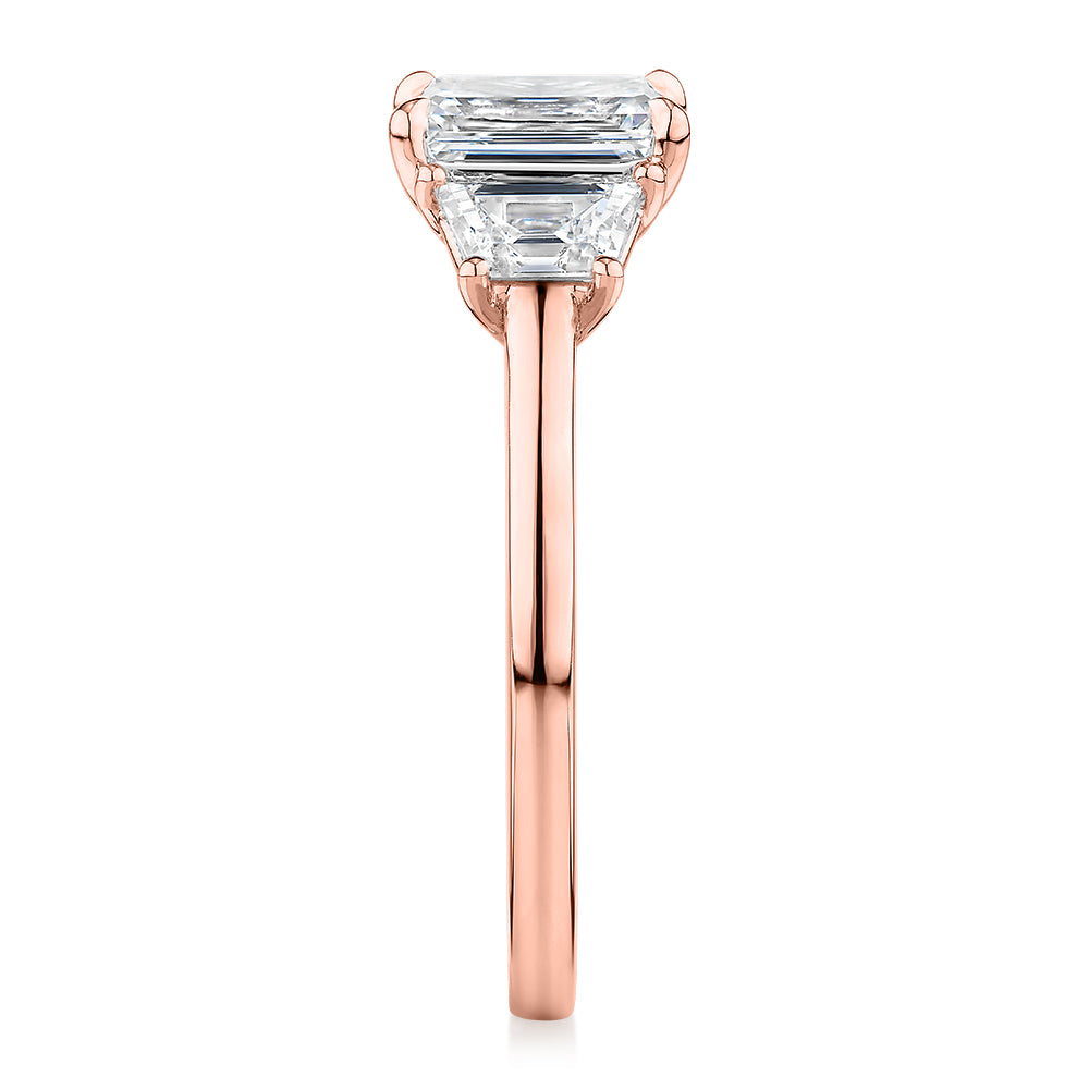 Premium Certified Laboratory Created Diamond, 1.87 carat TW emerald cut three stone ring in 14 carat rose gold