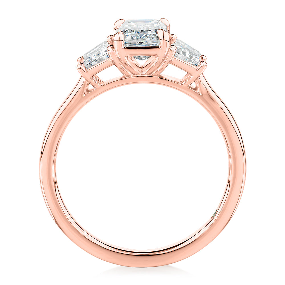 Premium Certified Laboratory Created Diamond, 1.87 carat TW emerald cut three stone ring in 18 carat rose gold