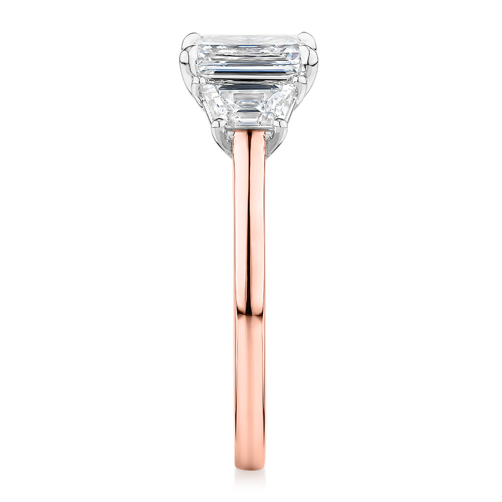 Premium Certified Laboratory Created Diamond, 1.87 carat TW emerald cut three stone ring in 14 carat rose and white gold