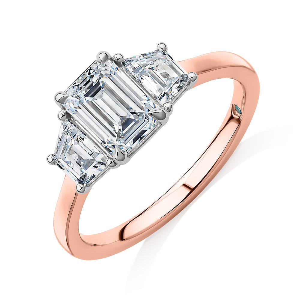 Premium Certified Laboratory Created Diamond, 1.87 carat TW emerald cut three stone ring in 18 carat rose and white gold