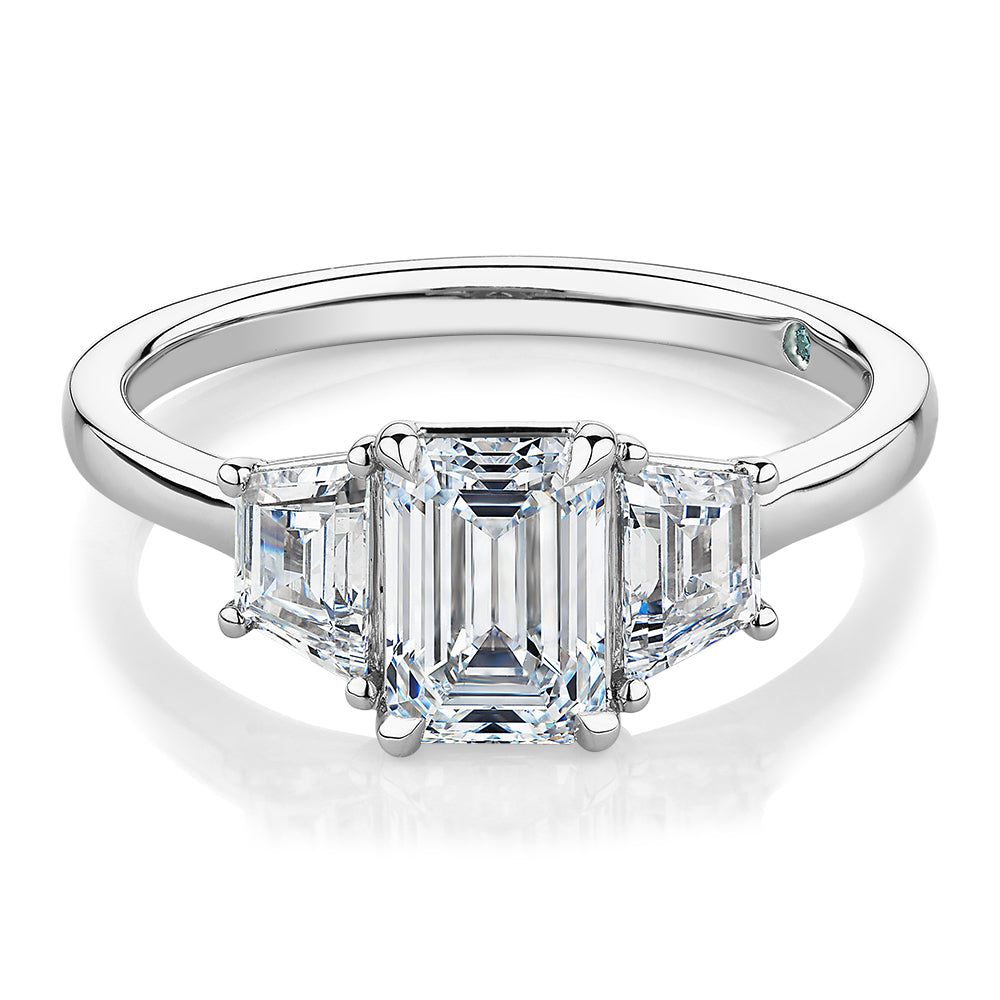 Premium Certified Laboratory Created Diamond, 1.87 carat TW emerald cut three stone ring in platinum