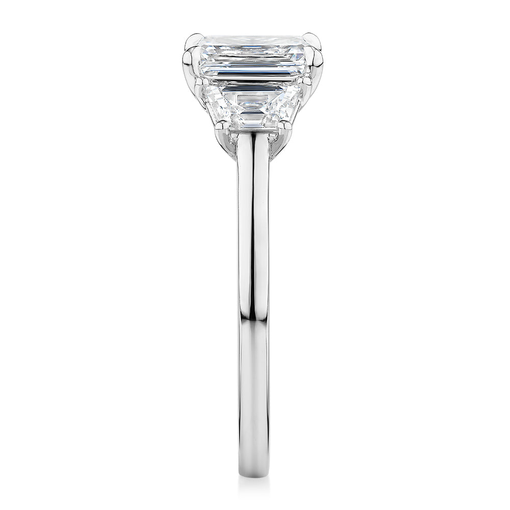 Premium Certified Laboratory Created Diamond, 1.87 carat TW emerald cut three stone ring in 18 carat white gold