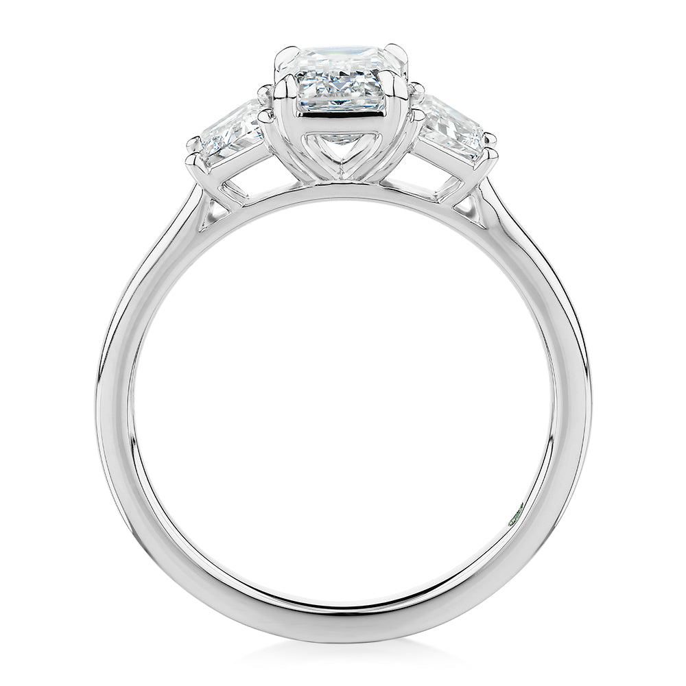 Premium Certified Laboratory Created Diamond, 1.87 carat TW emerald cut three stone ring in 18 carat white gold