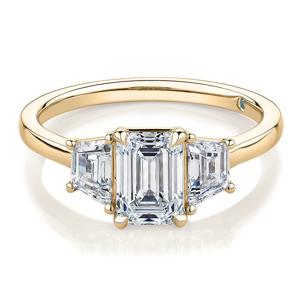 Premium Certified Laboratory Created Diamond, 1.87 carat TW emerald cut three stone ring in 14 carat yellow gold