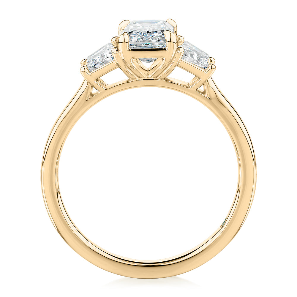 Premium Certified Laboratory Created Diamond, 1.87 carat TW emerald cut three stone ring in 18 carat yellow gold