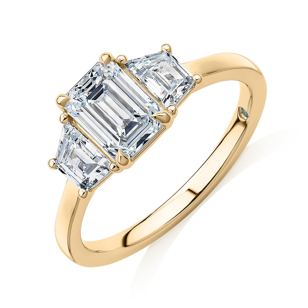 Premium Certified Laboratory Created Diamond, 1.87 carat TW emerald cut three stone ring in 14 carat yellow gold