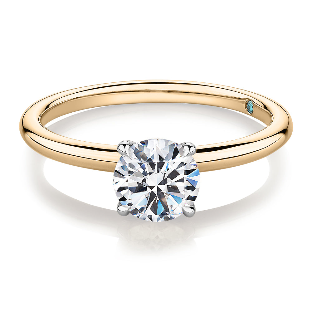 Premium Certified Laboratory Created Diamond, 1.00 carat round brilliant solitaire engagement ring in 14 carat yellow and white gold