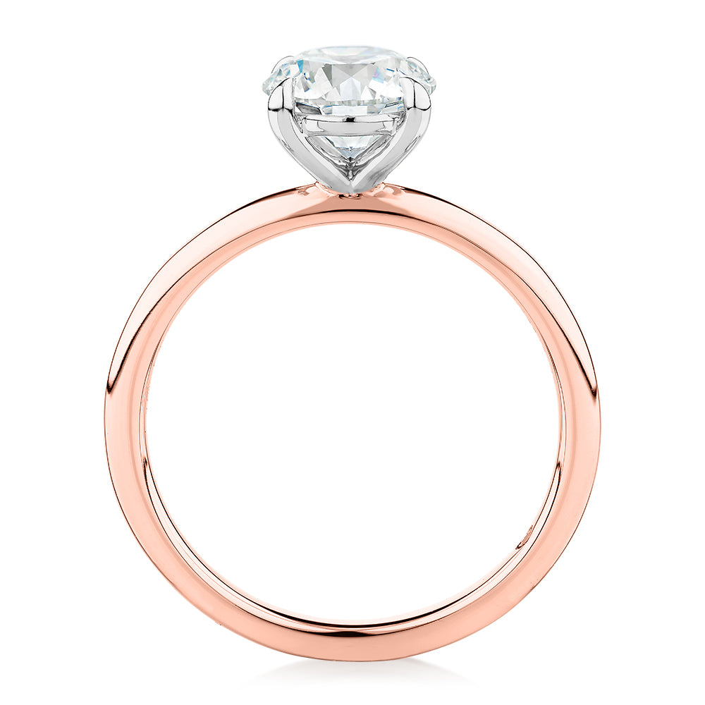 Premium Certified Laboratory Created Diamond, 1.50 carat round brilliant solitaire engagement ring in 18 carat rose and white gold