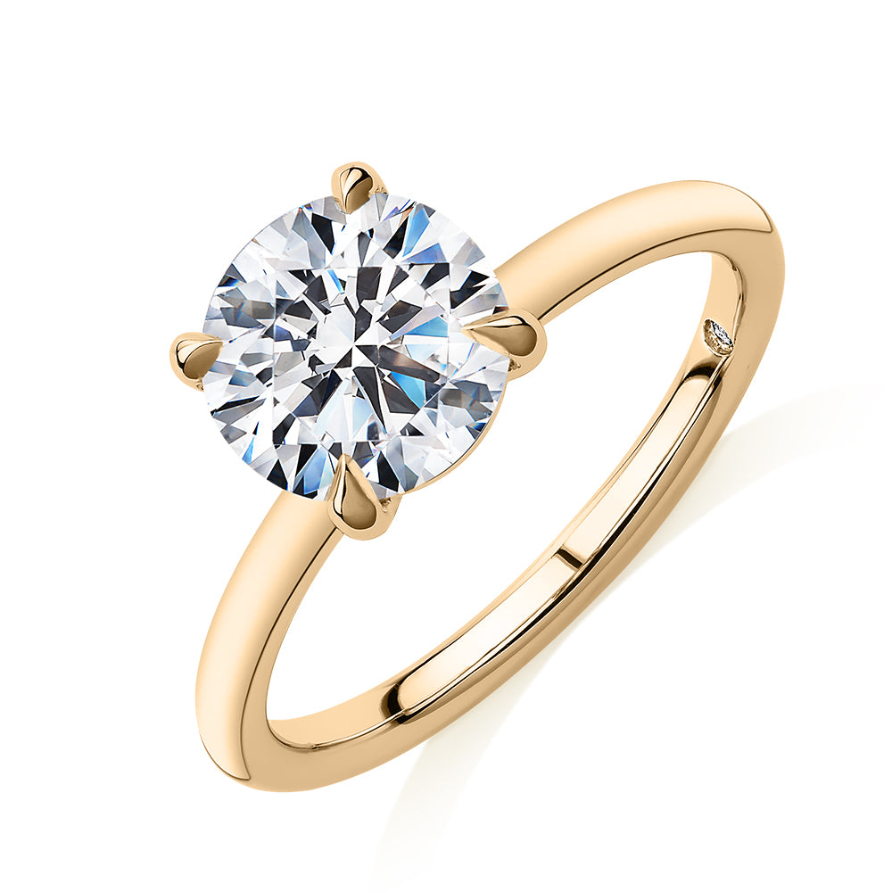 Signature Simulant Diamond 2.00 carat* round brilliant solitaire engagement ring in 14 carat yellow gold