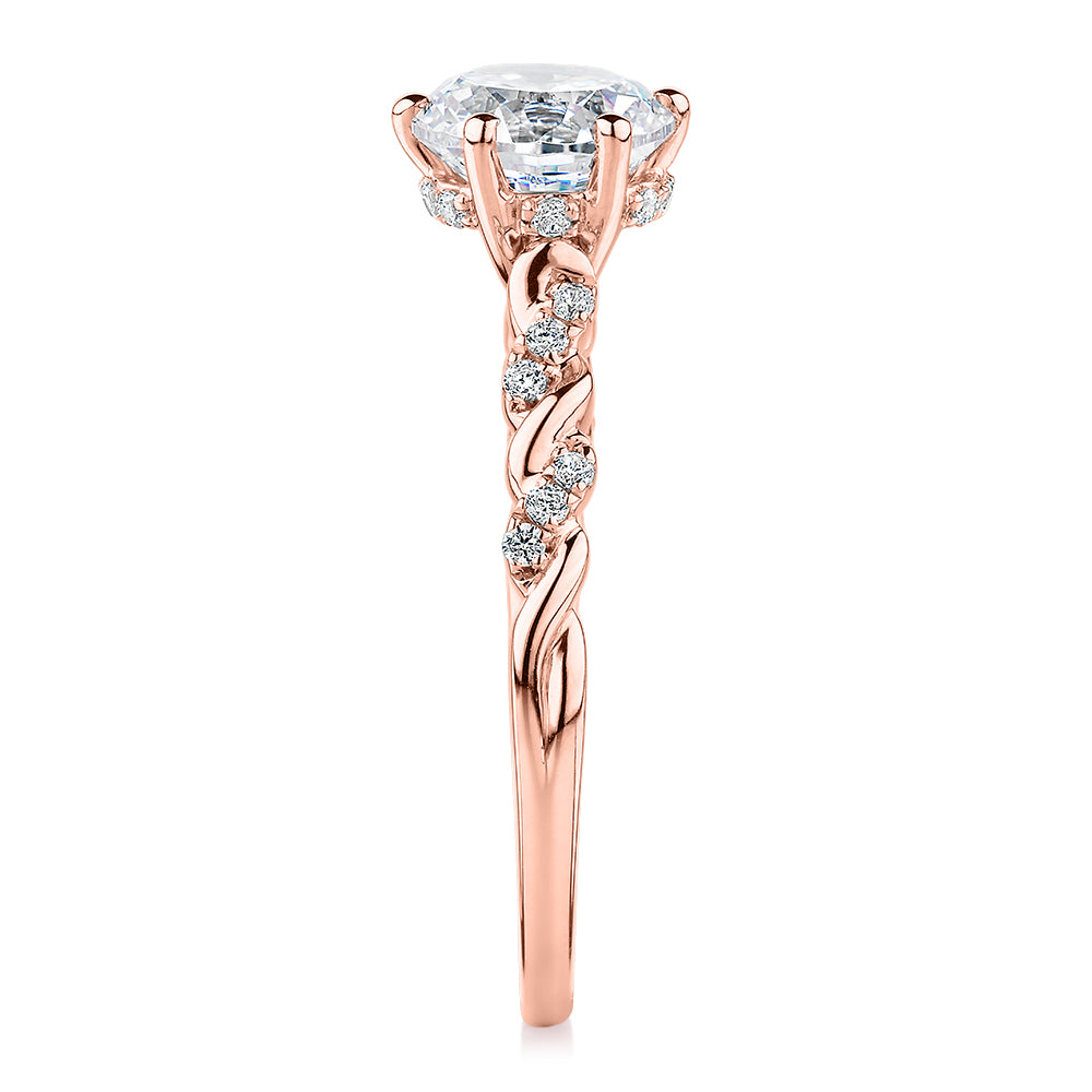 Premium Certified Lab-Grown Diamond, 1.70 carat TW round brilliant shouldered engagement ring in 14 carat rose gold