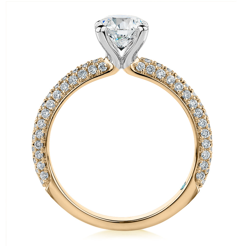 Premium Certified Lab-Grown Diamond, 1.55 carat TW round brilliant shouldered engagement ring in 14 carat yellow and white gold