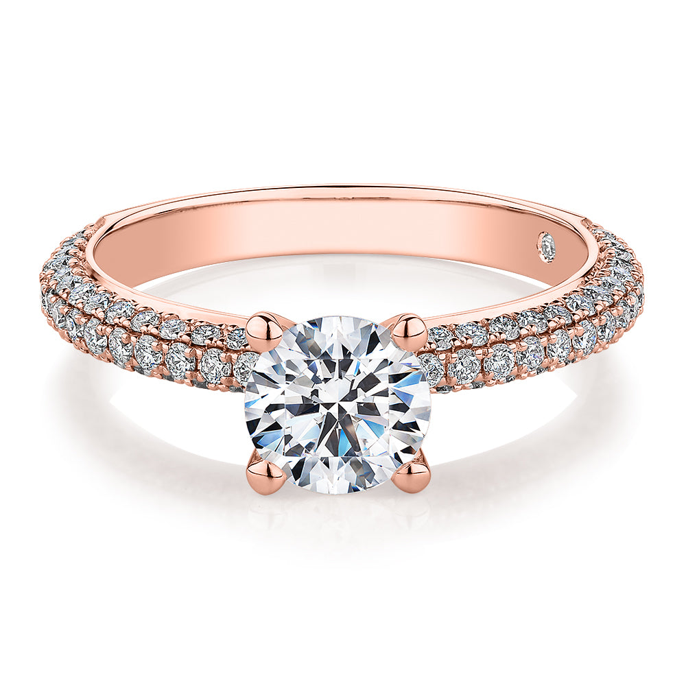 Signature Simulant Diamond 1.55 carat* TW round brilliant shouldered solitaire engagement ring in 14 carat rose and white gold